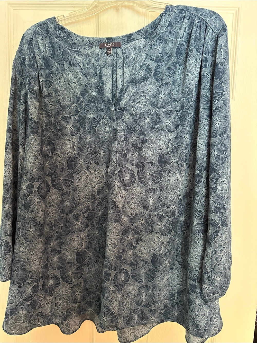NYDJ Blue Floral-Print Long Sleeve Women’s Blouse